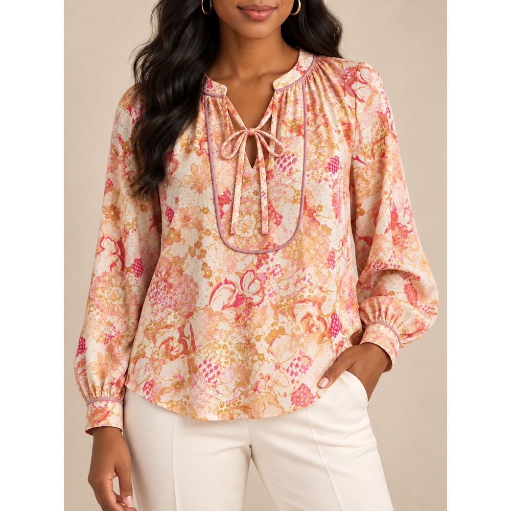 M 243 Avara Floral Paisley Blouse Pink Tie Neck Balloon Sleeve Boho Romantic